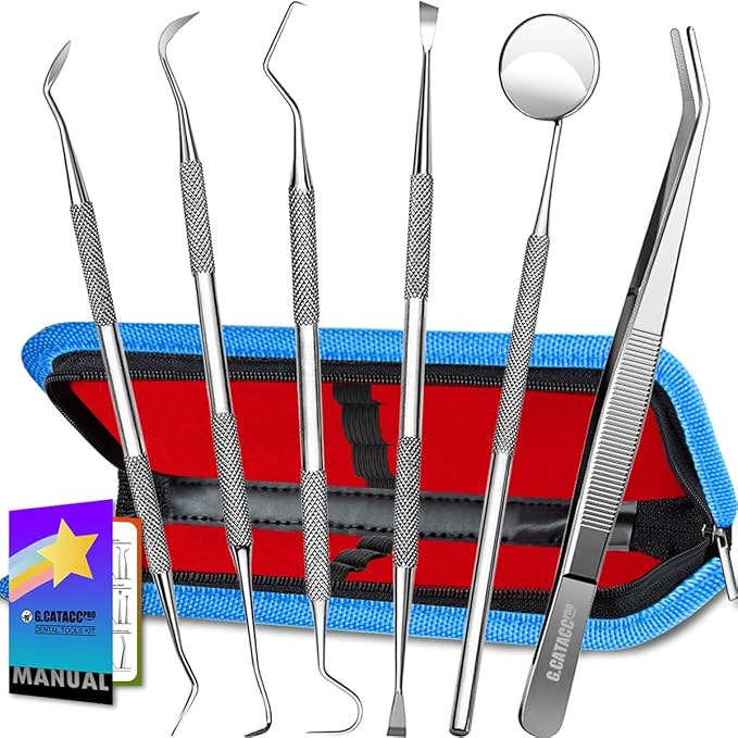G.CATACC Dental Tools, Dental Pick Teeth Cleaning Tools Hygiene Kit, Plaque Remover for Teeth, Professional Stainless Steel Tooth Scraper Plaque Tartar Cleaner - with Case