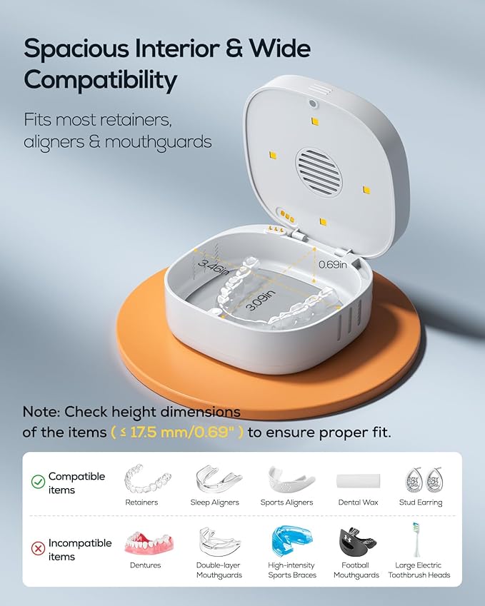 Nulaxy UVC Retainer Case with Fan, Magnetic Closure Aligner Case Includes Vent Holes and Mirror, Portable Retainer Box with Removal Tool and Brush, White