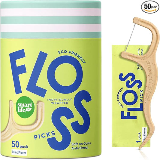 Individually Wrapped Dental Floss Picks (50ct) - Eco-Friendly Flosser Handle Made with Straw Wheat Blend | Great for Travel | PFA Free | Toothpick Stick Soft On Gums & Teeth | Vegan | Mint