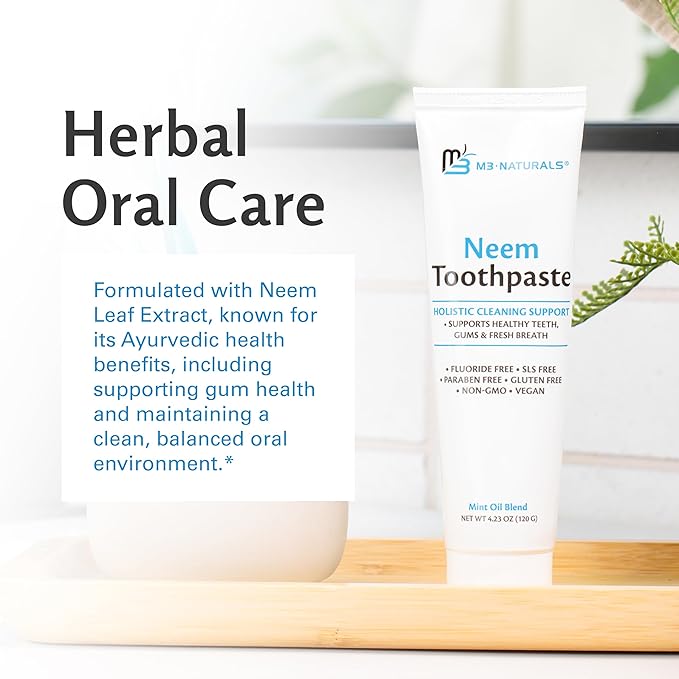 Fluoride-Free Neem Toothpaste with Mint for Adults & Kids with Sensitivity | Vegan, Gluten & SLS Free Herbal Formula for Sensitive Teeth, Healthy Gums and Fresh Breath, 4.23 oz (120 g) Pack of 2 by M3