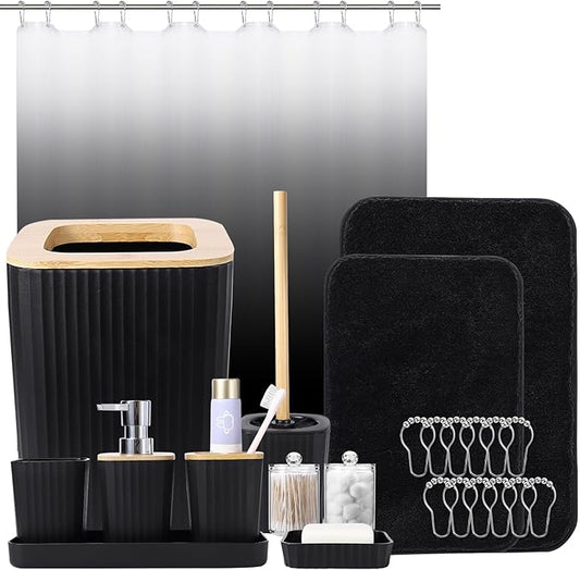 Bathroom Sets with Shower Curtain and Rugs,Black Bathroom Set with Bathroom Trash Can,Soap Dispenser,Toilet Brush,Toothbrush Set,Qtip Holders for Housewarming