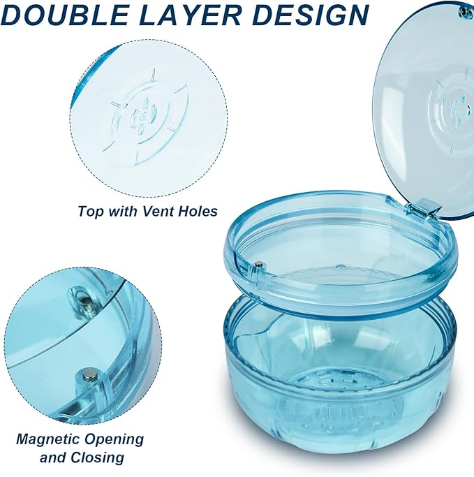 Retainer Cleaning Case,Portable No-Leak Denture Cup Case with Dentures Brush Kit, Travel Retainer Cases with Vent Holes for Clear Aligner,Mouth Guards,Night Guard,Dentures (Blue)