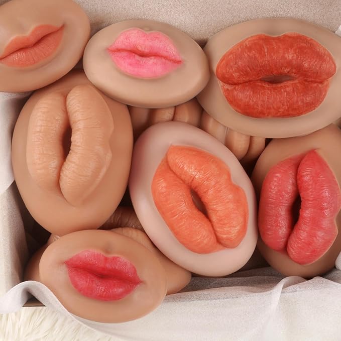 3D Silicone Fake Lips Large with Lipstick for Makeup Tattoo Practice Realistic Artificial Lip Mannequin for Beginners Artists (Charming Smiling Lip,Tan)