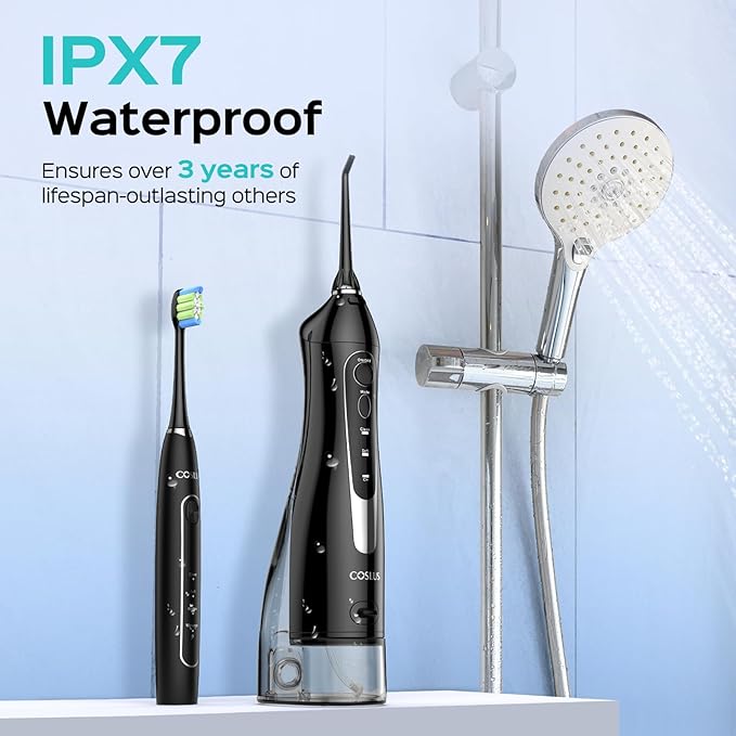 COSLUS Portable Water Flosser with Electric Toothbrush Combo: 2-in-1 Oral Clean Kit for Teeth, Braces, Gums Care - Brushing & Flossing for Adults, Family, Travel Use, BPA-Free, Black, C20 & C41
