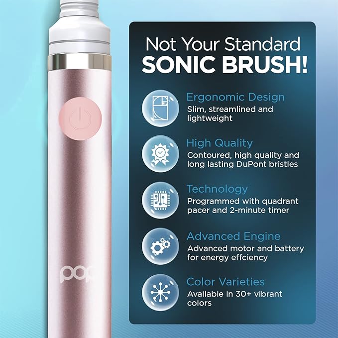 Pop Sonic Electric Toothbrush (Metallic Rose) - Travel Toothbrushes w/AAA Battery | Kids Electric Toothbrushes with 2 Speed & 15,000-30,000 Strokes/Minute, Dupont Nylon Bristles