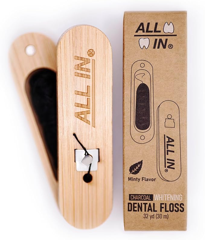 ALL IN Waxed Charcoal Floss with a Refillable Dental Floss Holder - Plant Based, No PFAS - Mint Floss for Effective Plaque Removal, Clean Teeth, Fresh Breath - 32 yd