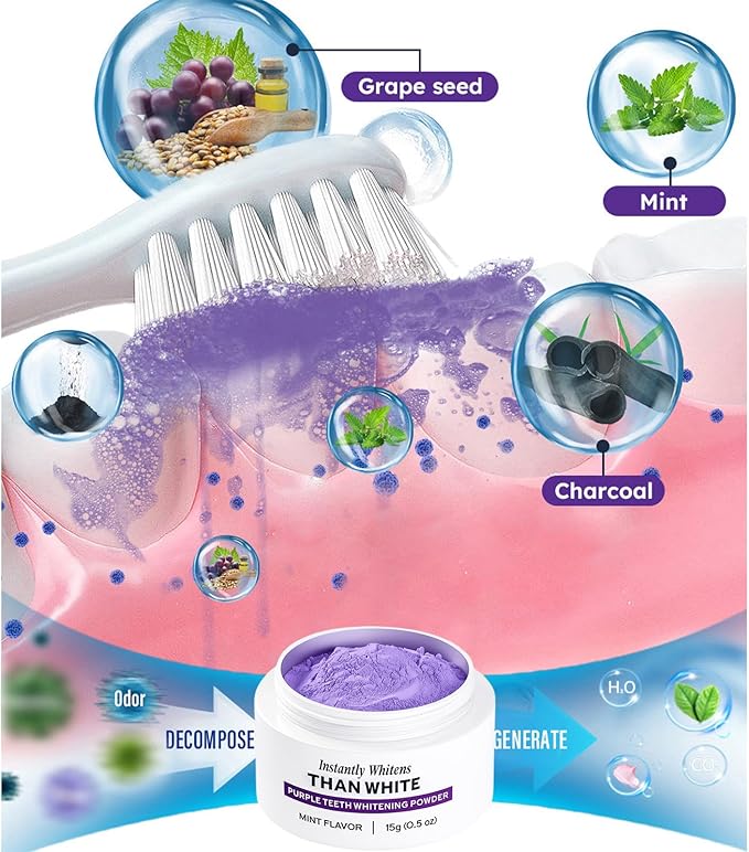 White Purple Teeth Whitening Powder - Instantly Whitens Than White, Purple Brightening Powder for Protect Gums and Freshen Breath (1)