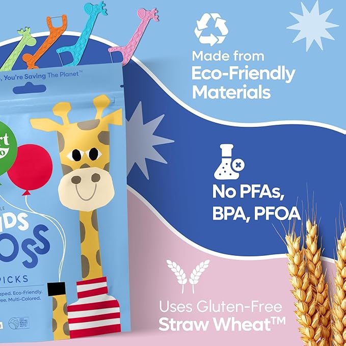 SmartLifeco Eco-Friendly Kids Flossers (100ct) - The Original Straw Wheat Dental Floss Picks for Children, Fluoride & PFA Free, Toothpick Flossing Sticks for Toddlers Teeth, No Shred Thread, Mint