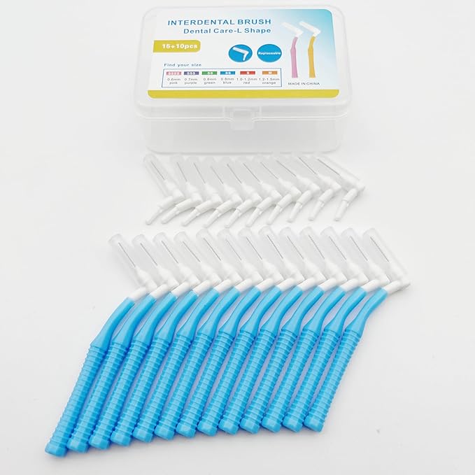 L Angled Reusable Braces Dental Brush Flosser - Cleaner Interdental Brush Toothpick Dental Tooth Flossing Head Oral Cleaners (0.9mm Blue, Normal)