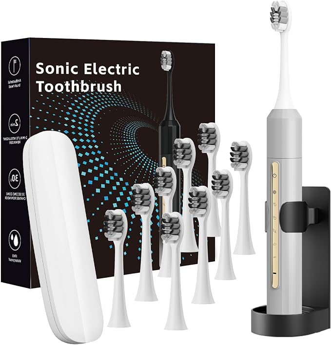Lumivoid Sonic Electric Toothbrush for Adults & Kids - 10 Brush Heads, 30-Day Battery, 5 Modes, 2-Min Timer, IPX8 Waterproof, Rechargeable & Travel-Friendly (Silver)