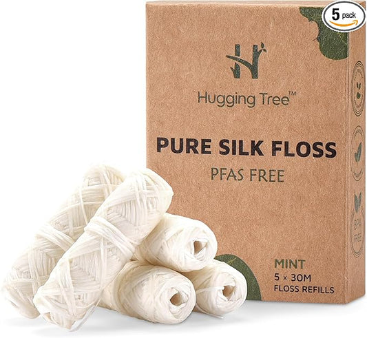 Natural Silk Dental Floss Refills | PFAS Free Dental Floss | Zero Waste Biodegradable | Mint (5 Pack, 33 Yards Each)
