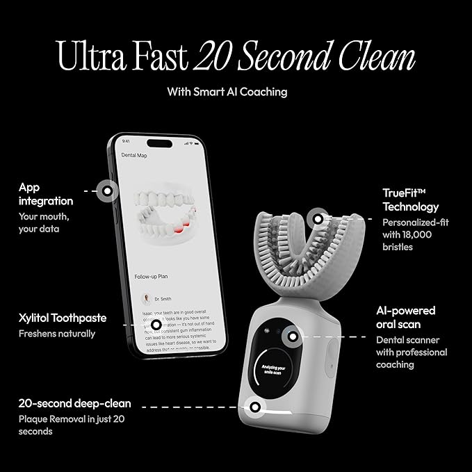 Feno Smartbrush Electric Toothbrush for Adults – AI-Powered Oscillating Toothbrush with App and Personalized Mouthpiece, 20-Second Deep Clean, Rechargeable, Includes 1 Bottle of Feno Foam Toothpaste