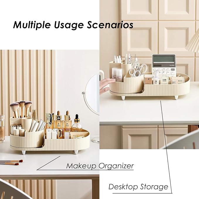 Makeup Organizer Countertop Rotating Makeup Organizer for Vanity Large Capacity Cosmetic Display Case with Makeup Brush Holder Cosmetic Organizer Countertop（Cream）