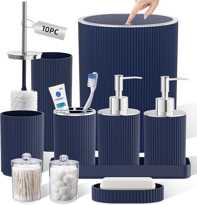 Navy Blue Bathroom Accessories Set, 10PC Bathroom Set, Bath Accessory with Pop Up Trash Can, Soap Dispenser, Toilet Brush, Toothbrush Set Qtip Holders & Tray