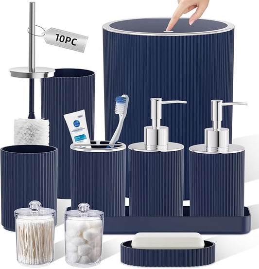 Navy Blue Bathroom Accessories Set, 10PC Bathroom Set, Bath Accessory with Pop Up Trash Can, Soap Dispenser, Toilet Brush, Toothbrush Set Qtip Holders & Tray