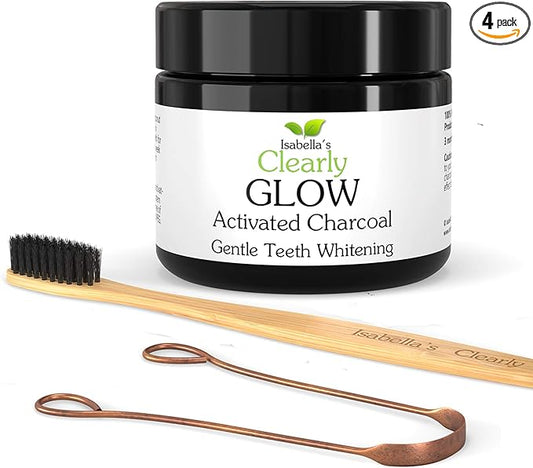 Glow Teeth Whitening Kit (4 Piece) | Pure Food Grade Activated Charcoal Powder + Bamboo Ultra Soft Toothbrush + Copper Tongue Cleaner + Eco Canvas Gift Bag