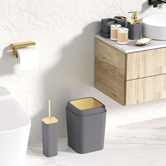 Bathroom Set - Grey and Gold Bathroom Accessories Set, Bathroom Sets with Shower Curtain and Rugs, Grey Shower Curtain Set with Bathroom Trash Can, Soap Dispenser, Soap Dish for Home Decor