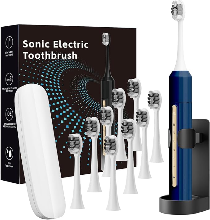 Lumivoid Sonic Electric Toothbrush for Adults & Kids - 10 Brush Heads, 30-Day Battery, 5 Modes, 2-Min Timer, IPX8 Waterproof, Rechargeable & Travel-Friendly (Blue)