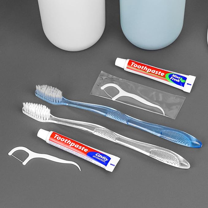 100 pcs Disposable Toothbrushes with Toothpaste Floss Individually Wrapped, 2 Color Toothbrush, 10g Toothpaste, Floss Pick, Bulk Toothbrush for Homeless,Airbnb,Hotel,Guest
