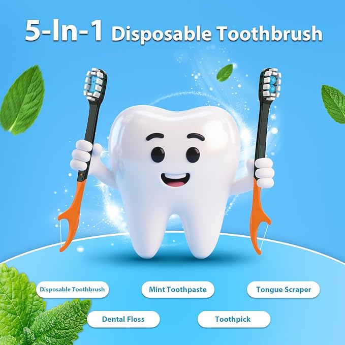 12Pack Disposable Toothbrushes with Toothpaste All-in-One Oral Care Prepasted Individually Wrapped 5-in-1 Mini Toothbrush with Toothpick, Flosser, Tongue Cleaner, Perfect for Travel & On-The-Go