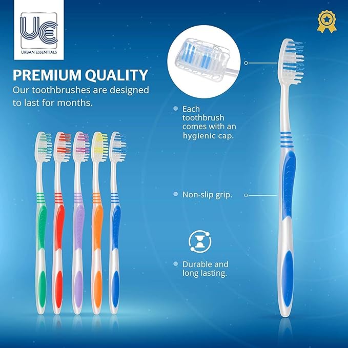 Urban Essentials Bulk Toothbrush(50) Bulk Toothpaste(50) Pack with Covers Premium Quality Individually Wrapped Colorful Toothbrushes Medium Soft Toothbrush Hygienic Cap for Donations, Travel, Hotels