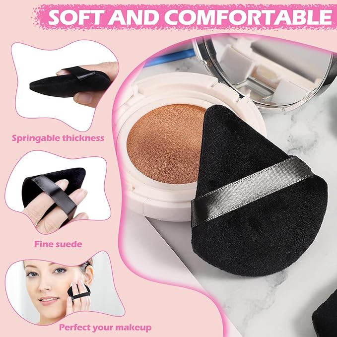 12 Pieces Powder Puff Face Triangle Powder Puff Soft Velour Makeup Puff Velour Puffs for Face Wet and Dry Cosmetic Foundation,Body Powder Blender Loose Mineral Powder Makeup Tool (Black,12 Pcs)