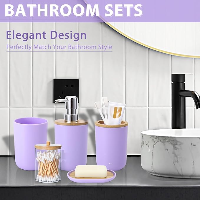 iMucci Bathroom Accessories Set 5Piece Light Purple Bathroom Sets, Toothbrush Holder, Toothbrush Cup, Lotion Soap Dispenser, Soap Dish and Qtip Holder Bathroom Decor