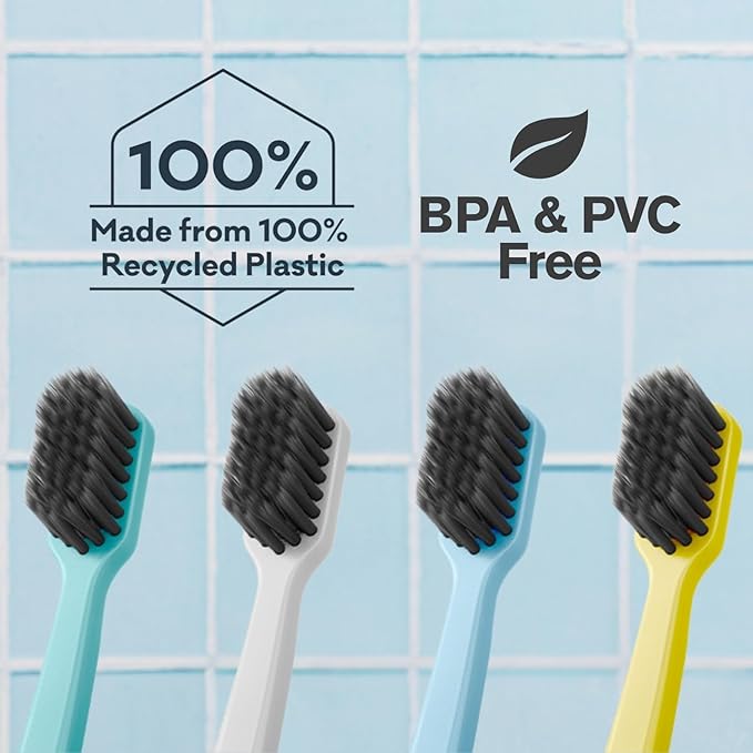 Grin Charcoal-Infused 100% Recycled Toothbrush, Soft, 4 Count, Summer Beach, Suitable for Sensitive Teeth and Gums