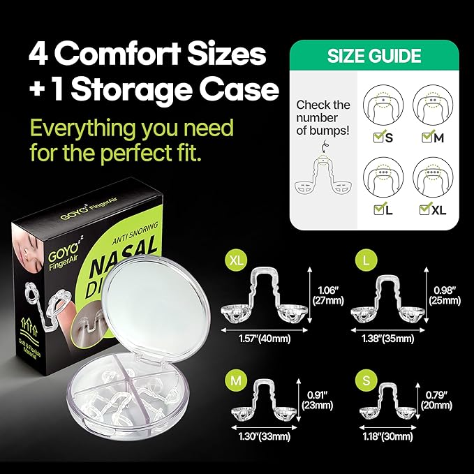 FingerAir Nasal Dilator for Snoring and Breathing, Anti Snoring Devices, Snore Stopper Silicone Anti Snore, Reusable, Comfortable (4pcs Multi-Size Pack: S, M, L, XL)