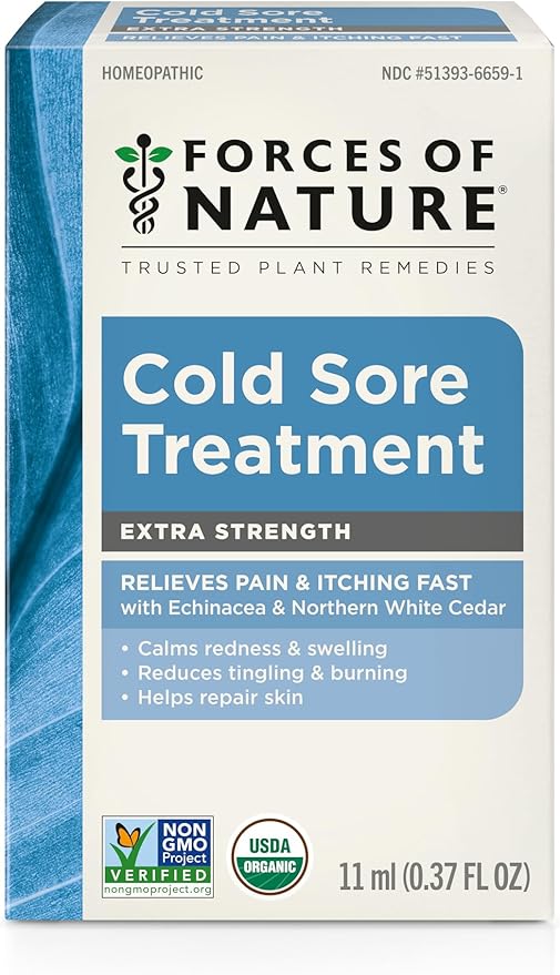 Forces of Nature Cold Sore Treatment Extra Strength H-Balm, Organic Fast Relief for Cold Sores & Fever Blisters w/Echinaea & Northern White Cedar, Reduces Pain, Calms Swelling, 0.37 fl oz