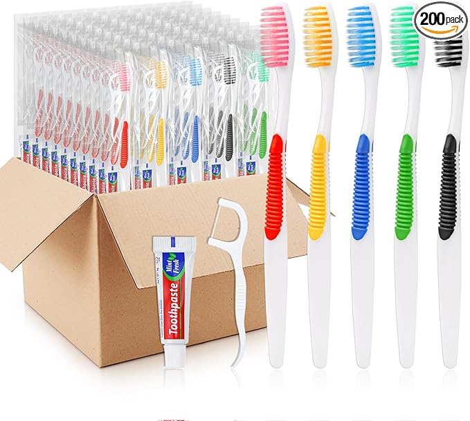 HAIFOTRVA Disposable Toothbrushes with Toothpaste and Floss,200pcs Single Use Individually Wrapped Disposable Travel Toothbrushes and Dental Floss Kit Bulk for Homeless,Airbnb,Dentist,Hotel(5 Colors)
