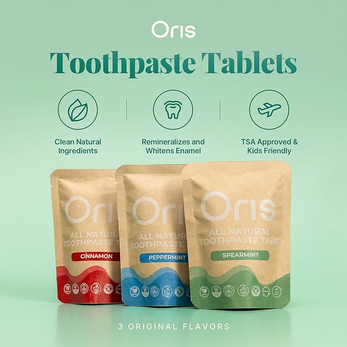 Oris Starter Bundle – 1 Month Supply: Natural Toothpaste Tablets | Fluoride-Free, Travel-Friendly, Kid-Safe with Enamel-Strengthening Nanohydroxyapatite (62 Count (Pack of 1), Cinnamon)