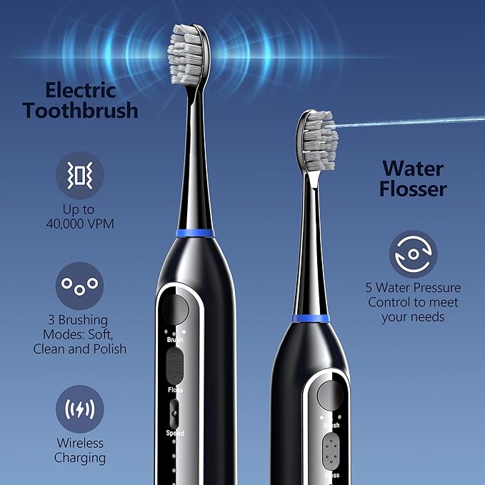 Electric Toothbrush with Water Flosser – 3 Sonic Toothbrush Modes & 5 Water Flossing Pressure – Fast Charging & IPX7 Waterproof – Portable Travel Case Included, Black