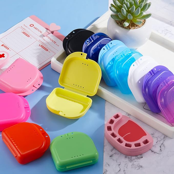 Maxdot 300 Pack Retainer Cases Bulk with Vent Holes Orthodontic Mouth Guard Case 12 Colors Denture Container Multicolor Dental Storage Box for Travel Dentist Office