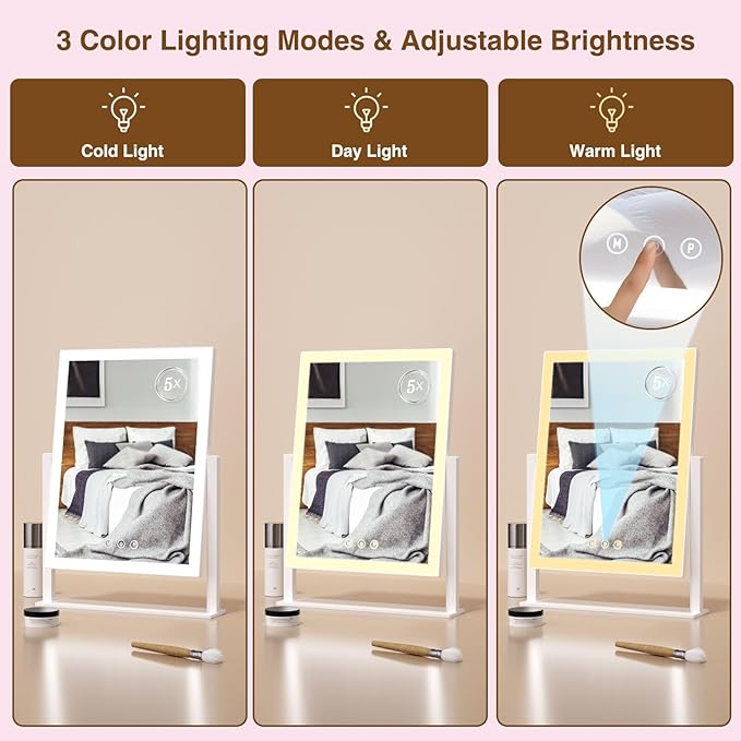 Lighted Makeup Mirror, Hollywood Vanity Mirror with 5X Magnification Mirror, 360°Rotation Touch Control, 3 Color Lighting for Desks Bedroom Dressing Room, Small