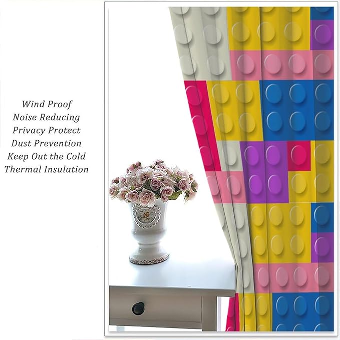Kids Building Blocks Toy Curtains Children's Room Abstract Outline Colorful Plastic Toys Geometric Bricks Print Curtains for Boys Girls Nursery Curtains 72x63 Inches 2 Panels