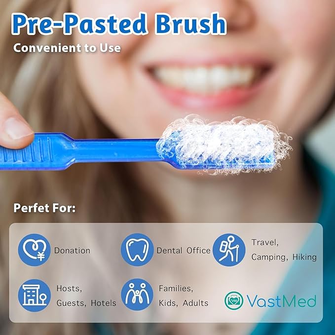 VASTMED 100 Pcs Disposable Pre-Pasted Toothbrushes Individually Wrapped Pre Pasted Toothbrush | Single Use Waterless Tooth Brush for Hotel, Camping, Homeless Gift | Multi Color