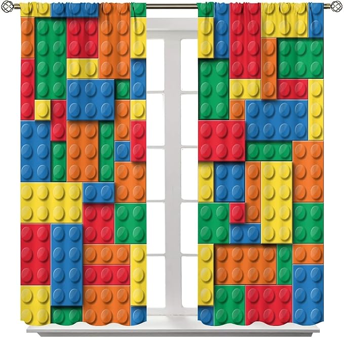 Building Block Toy Curtain Rod Pocket Children's Nursery Abstract Outline Colorful Toy Cartoon Theme Brick Geometric Print Curtain, Blackout Curtain for Boys and Girls Room 52x84in