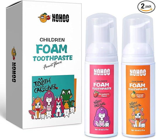 NOHOO Fluoride Free Foam Toothpaste Kids Fruit Flavour,Natural Training Toothpaste for Baby Toddler Children Oral Cleaning and Cavity Protection(Strawberry + Orange)