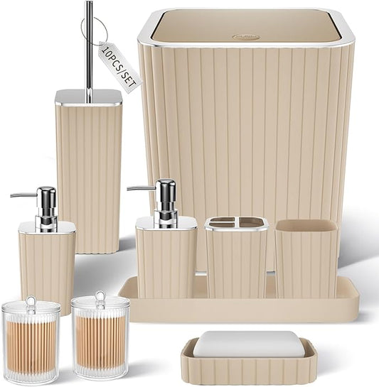 Bathroom Accessories Set - Gorgeous Beige Bathroom Set, 10PC Bathroom Accessory Set, Toilet Brush, Trash Can & Soap Dispenser