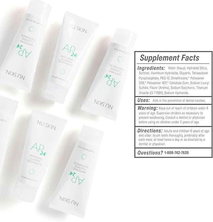 Nu Skin AP 24 Whitening Fluoride - Free Toothpaste | AP 24 Blend | Vanilla Mint Flavor | Brightens Teeth | Removes Surface Stains | Prevents Dental Cavities & Plaque | Enamel-Safe | 4 oz | 2 Pack