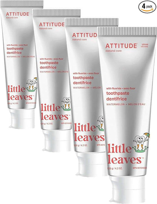 ATTITUDE Toothpaste with Fluoride, Prevents Tooth Decay and Cavities, Vegan, Cruelty-Free and Sugar-Free, Watermelon, 4.2 Oz (Pack of 4)