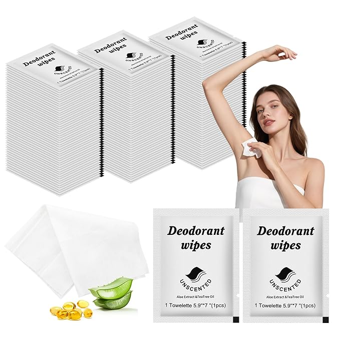 Travel Deodorant Wipes Individually Wrapped,Body Wipes to Clean Skin for Women Men（Unscented,pack of 100)