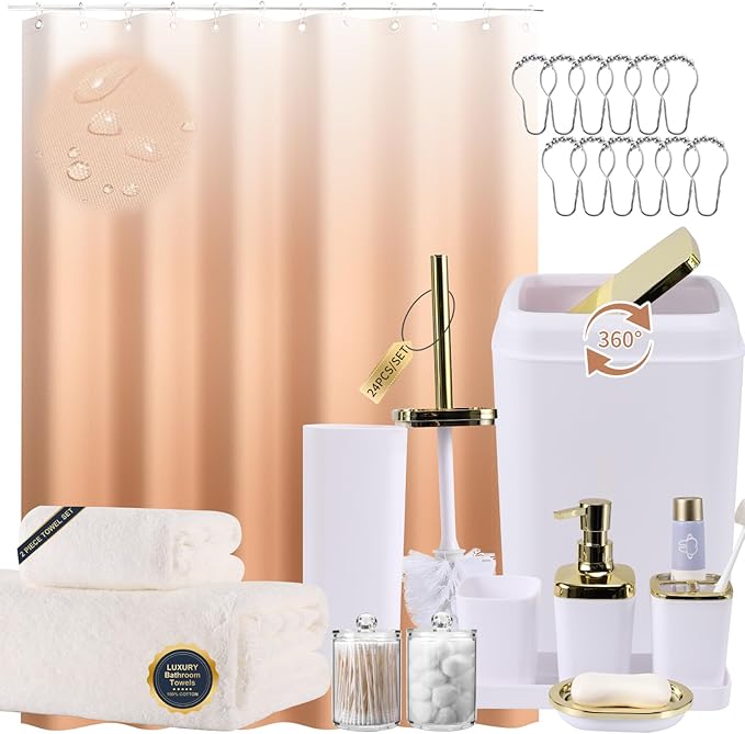 White Bathroom Accessories, 24 Pieces White Bathroom Accessories Set with Shower Curtain, Bath Towels, Trash Can, Soap Dispenser and Soap Dish for Bathroom/Housewarming