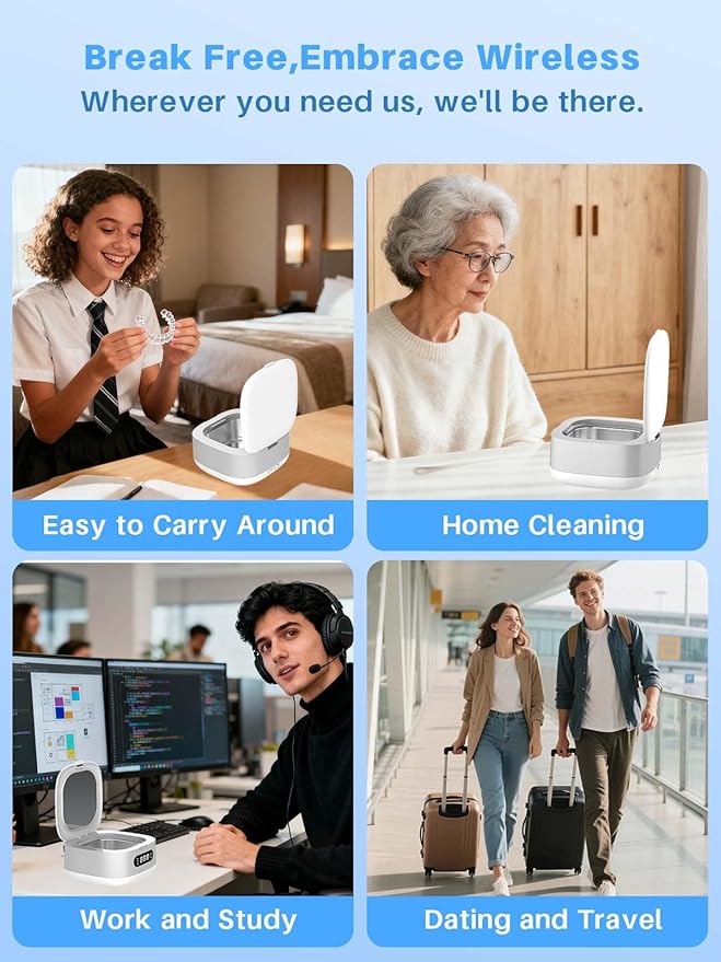 Voraiya Portable Ultrasonic Retainer Cleaner 4000mAh Rechargeable Retainer Cleaner Machine For Mouth Guard,Night Guard,Aligner,IPX6 Waterproof Small Denture Cleaning Pod For Teenagers,Adults,Traveling