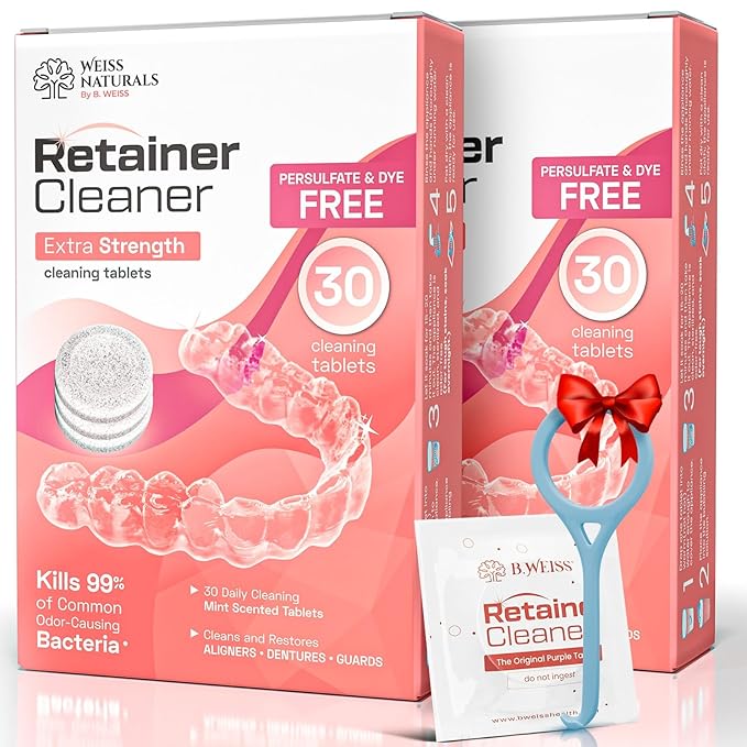 Weiss Naturals Retainer Cleaning Tablets, Invisalign Cleaner, Remove Stains, Odors & Plaque, FSA & HSA Eligible, Night Guard Cleaner PERSULFATE & DYE-FREE 2-Month Supply, Denture Cleaners, 60 Tablets