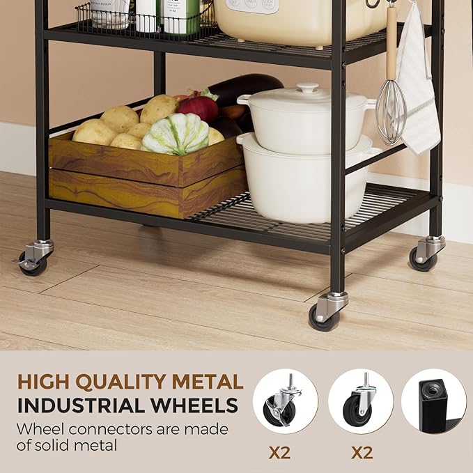XIVIRACK 3-Tier Metal Storage Rack with Industrial Wheels,Mesh Shelving Unit with Wooden Table top,Adjustable Shelf,23.6-Inch Width,15.8-Inch Depth, for Kitchen, Laundry,Pantry,Plant,Black