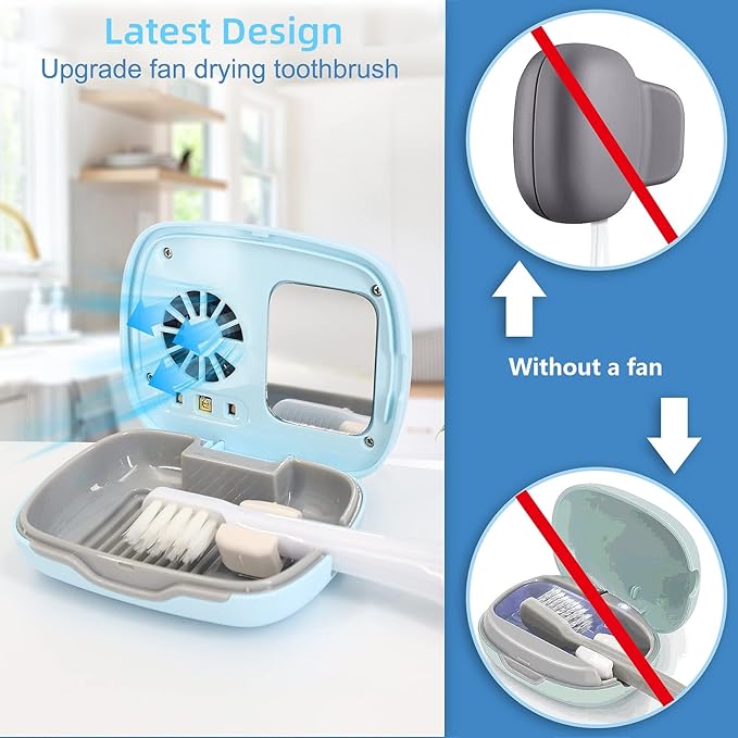 Mini Travel Toothbrush Cover with Air Drying Fan, Toothbrush Travel Case with Drying Lamp Rechargeable Portable Toothbrush Container Toothbrush Holder (Blue)
