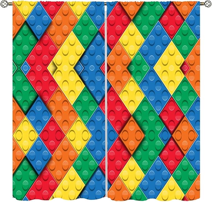 Kids Building Blocks Toy Curtains Boy Girl Room Printed Curtains Abstract Colorful Bricks Children's Nursery Blackout Curtains 63x63 Inches 2 Panels