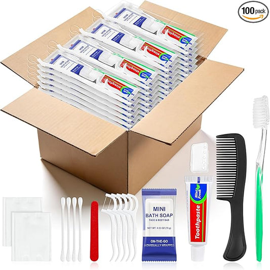 Xuezoioy 100 Sets Personal Hygiene Kit Bulk,9-IN-1 Green Disposable Toothbrushes with Toothpaste Floss Comb Soap Cover and Hotel Vanity Set Basic Travel Toiletry Supplies for Homeless,Travel,Guests